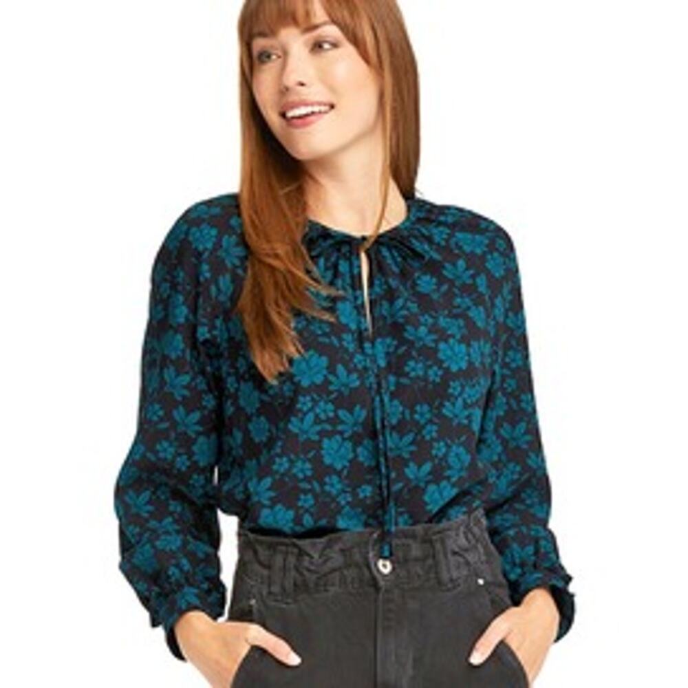 Draper James Women's Tie Neck Blouse Emerald Magnolia Black‎ Green Small